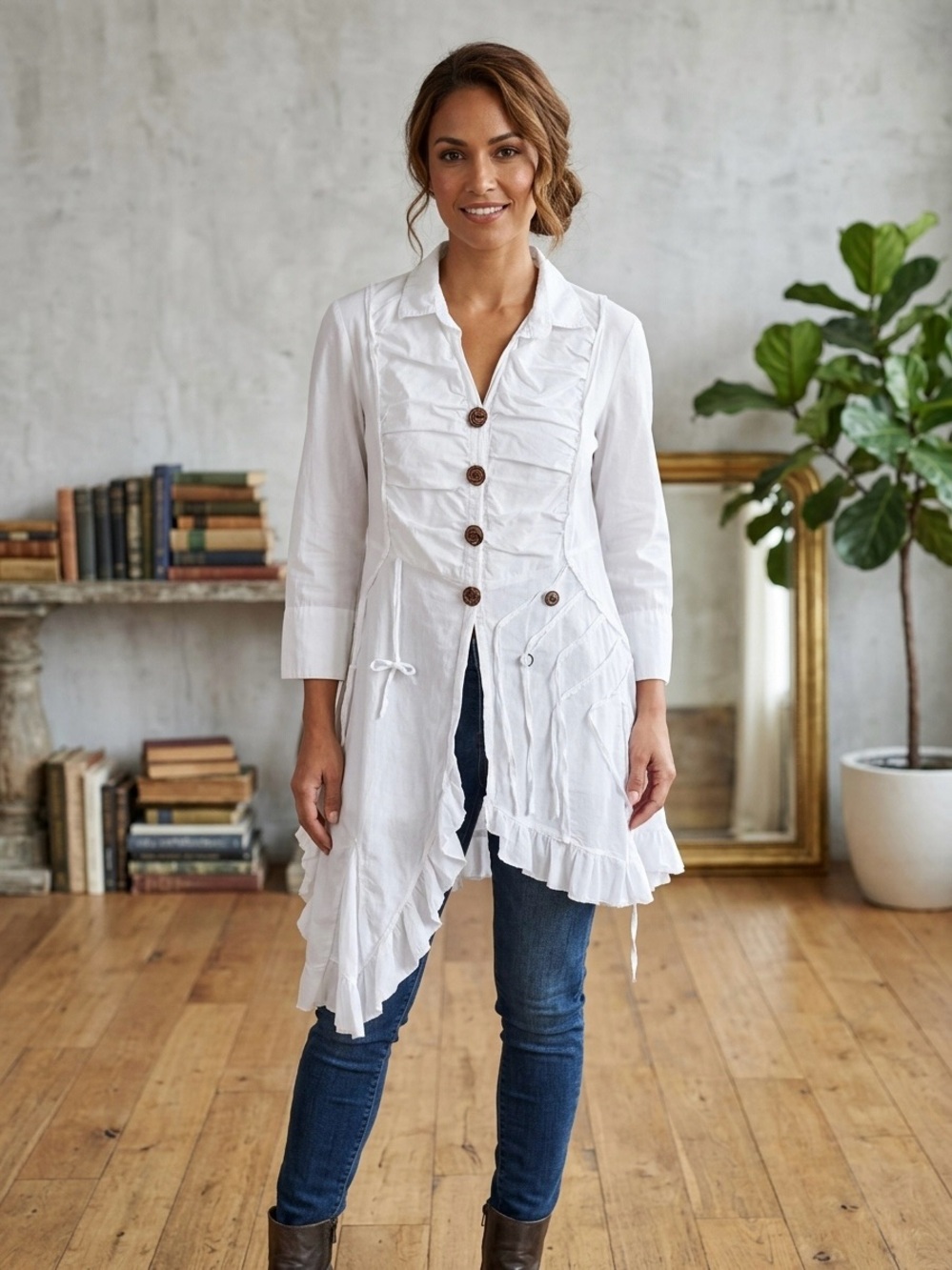 White Ruffled Button-Front Tunic Jacket Neo-Romantic Whimsical Whimsigoth